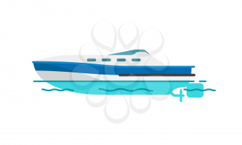 Motor boat or sailboat vector illustration isolated on white. Fishing vessel, speedboat marine nautical type of transport in flat style
