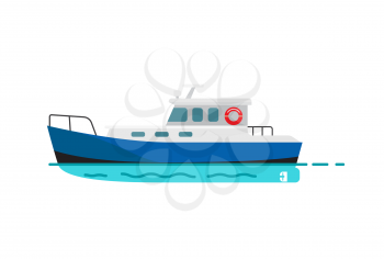 Fishing vessel, speedboat marine nautical type of transport in flat style. Motor boat or sailboat vector illustration isolated on white.