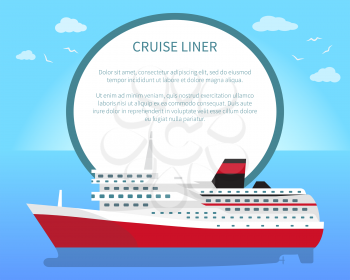 Spacious luxury cruise liner big red steamer on water surface with place for text in round banner. Seagoing ships vector illustrations