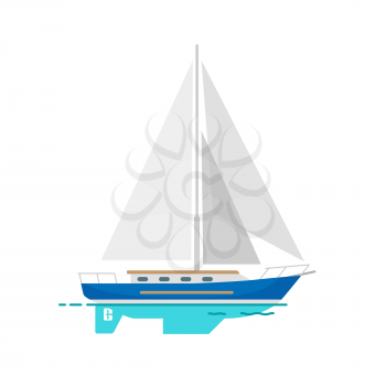Yacht sailboat with white canvas on water vector illustration isolated on white on water surface. Small boat for nice sea walks.