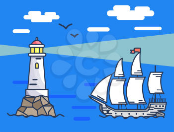 Banner depicting calm sea. Vector illustration of lighthouse with ship beside it and birds above against the background of blue sky