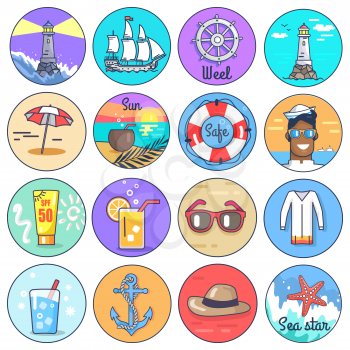 Set of circle icons depicting multiple marine items. Vector illustration of various things and object related to spending time on beach or at sea