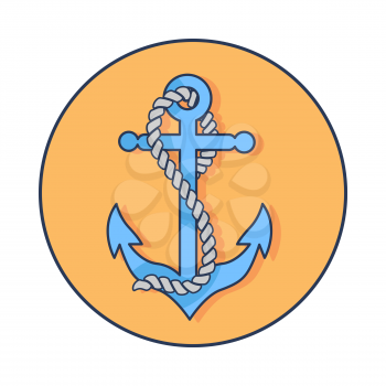 Vector illustration depicting blue anchor intertwined in thick rope superimposed on backdrop. Circle banner with orange background.