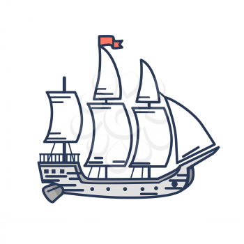 Old wooden ship with white sails and red flag isolated cartoon outline vector illustration. Big ancient vessel for long distance traveling.