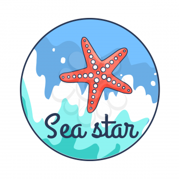 Vector illustration of pink sea star superimposed on water background with blue rising waves. Circle poster with black inscription.