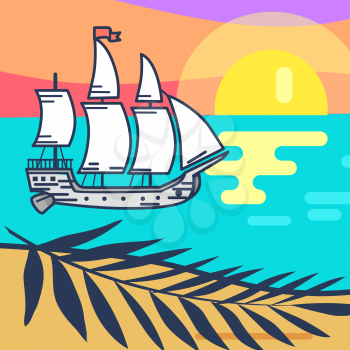 Seascape with wooden ship with white sails, sandy beach, palm leaf, blue ocean and sunset that reflected on water surface vector illustration.