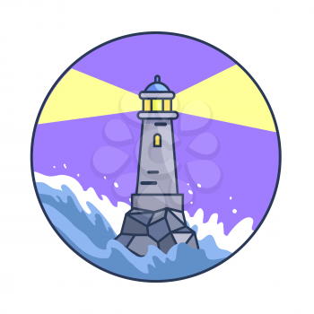 Vector illustration of lighthouse during night while waves are rising and sea is raging due to storm. Circle banner depicting rough water.