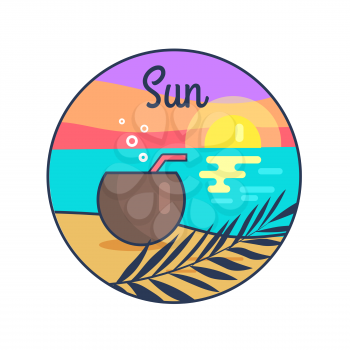 Vector illustration of cocktail lying in sand with Sun setting in sea against the background of colourful sky. Circle banner depicting seaside.