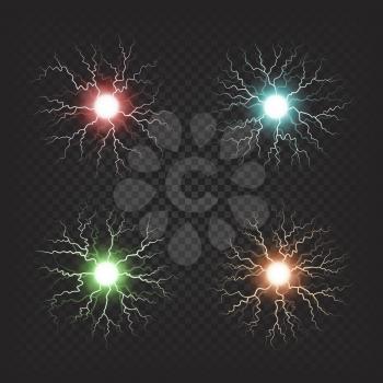 Colorful shiny fireballs of neon colors that spread small electric waves isolated vector illustrations on dark transparent background.