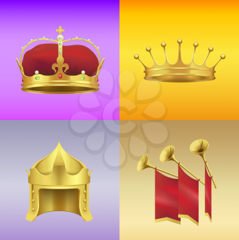 Gold kings crowns with gems, in form of helmet and with spires and gold chimneys with red cloth vector illustrations on colorful background.