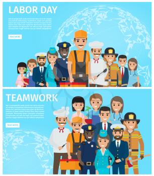 Labor Day and teamwork poster with representatives of most common professions that stand in group on blue background vector illustration.