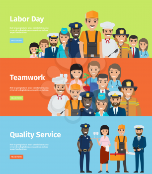Labor Day, Teamwork and Quality Service Internet page with group of people of different professions vector illustrations.