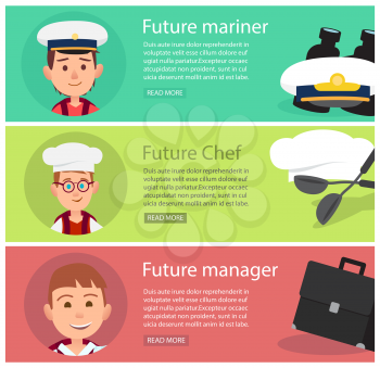 Boy in captain cap that dreams to be mariner, boy in chef hat that love cooking and boy that want to be a well off manager vector illustrations.
