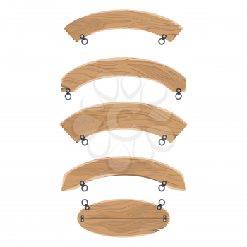 Wooden boards collection hanging on chains isolated on white. Vector illustration in graphic design of empty elements for advertisement