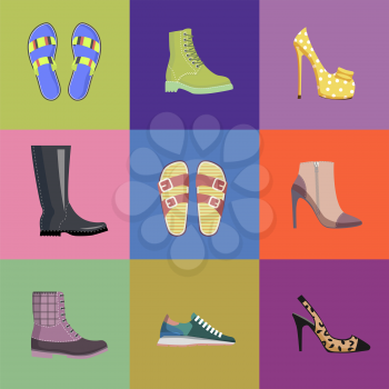 Set of women footwear summer and autumn nine icons on colorfull squares. Vector illustration of high-heeled shoes, light flip-flops, turquoise sneakers, lace boots and black watertights.
