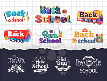 Back to school bright colorful and white monochrome stickers isolated vector illustrations on checkered and dark purple background.