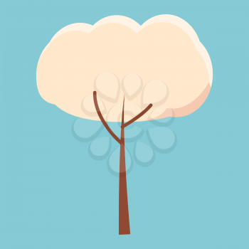 Cartoon unusual spring tree with dense white crown and thin brown trunk isolated vector illustration on blue background.