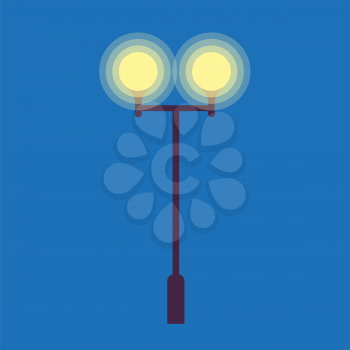 Dark street lamp with two burning light bulbs on blue background. Vector illustration of lighting flat design close-up icon.