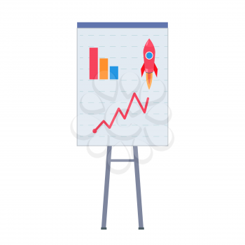 Office presentation board with charts, rising diagram and startup rocket isolated on white vector illustration in flat design.