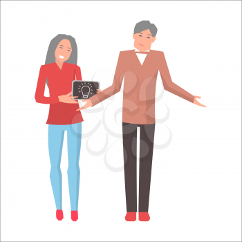 Man and woman standing with unsuccessful idea isolated on white. Male spreads his hands, smiling woman holding painted lamp on black ground on tablet. Vector illustration flat design cartoon style