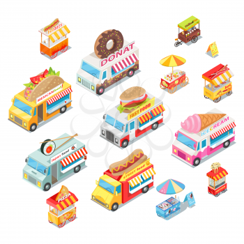 Street food eateries on wheel isometric projection icons set. Angular vans and carts with donuts, tacos, hotdog, ice-cream, pizza on roof isolated vectors. Movable mobile cafe or store illustration