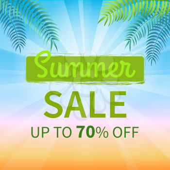 Summer sale up to 70 percent promotional poster with text on background of sunny landscape with palm trees and sun rays