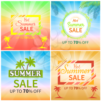Hot summer sale up to 70 off colorful promotional banners with palm leaves, big signs and tropical backgrounds vector illustrations set