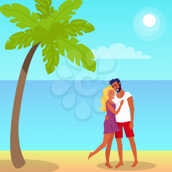 Couple in love stands and hugs on sandy beach in exotic palm shade with deep ocean behind and under hot sun cartoon vector illustration.