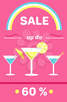 Summer sale poster up to 60 martini glasses with umbrella, orange slices and straw vector illustration with rainbow isolated on pink background