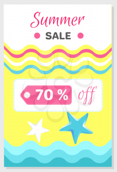 Summer sale poster with 70 discount off, vector illustration banner with stars and colorful wavy lines in flat style design
