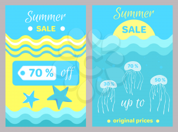 Summer sale poster with abstract cartoon jellyfishes sailing in sea or ocean vector illustration with special offer original price 70 off