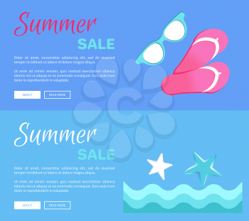 Summer sale web posters with slide sandals or flip-flops and sunglasses and seaside with stars vector illustration banner on blue background