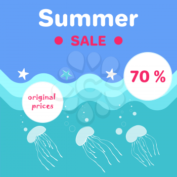 Summer sale poster with abstract cartoon jellyfishes sailing in sea or ocean vector illustration with special offer original price 70 off
