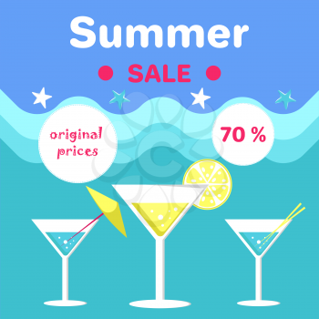 Summer sale poster with martini glasses with umbrella, orange slices and wavy lines vector illustration with special offer original price 70 off