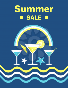 Summer sale poster with martini glasses with umbrella, orange slices and wavy lines vector illustration with rainbow isolated on blue background