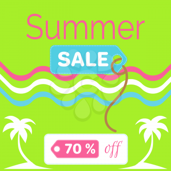 Summer sale poster with 70 discount off, vector illustration green banner with palm trees and wavy colorful lines