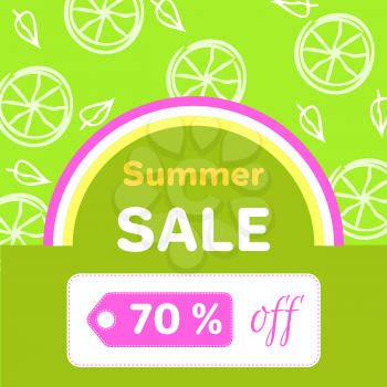 Summer sale poster with 70 discount off, vector illustration green banner with slices of lemon and colorful rainbow in flat style