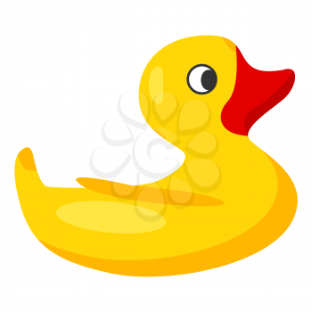 Yellow rubber duck with red beak for children to take bath and have fun isolated vector illustration on white background.