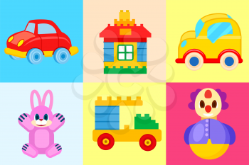 Toys collection isolated on colorful backgrounds. Vector poster of red and yellow cars, pink hare, tumbler plaything and house with truck