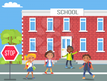 Boys and girls with backpacks standing beside stop traffic sign in front of their two storey brick school on sunny day vector illustration