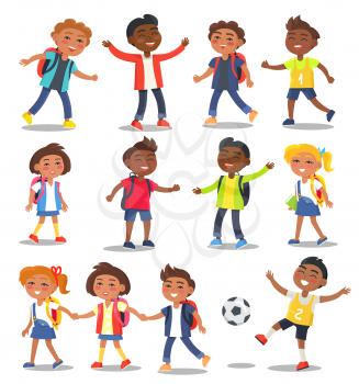 School children in stylish clothes with full rucksacks, educational books, glossy football isolated vector illustrations set on white background.