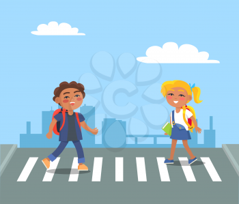 Kids crossing street on pedestrian in urban city vector illustration. Smiling boy and girl with backpacks on crosswalk moving towards each other