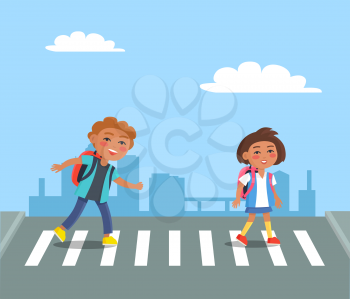 Cheerful kids with red rucksacks crossing road during sunny day vector illustration in cartoon style on background of urban city