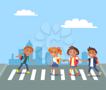 Children crossing road against city skyline background. Cartoon style vector illustration of boys and girls with rucksacks on sunny day