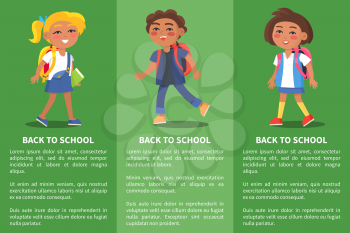 Back to school collection of posters with children and inscriptions. Isolated vector illustration of school-aged boys and girls on green background