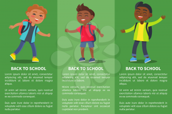 Back to school collection of posters with inscriptions. Isolated vector illustration of school-aged boys with rucksack backpacks on green background