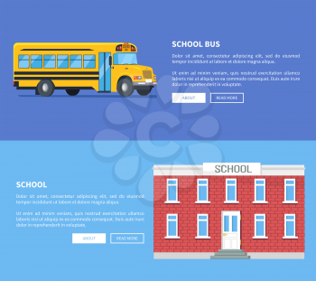 School bus and building set of vector posters. Conventional-style yellow transportation item used as student transport isolated vector illustration