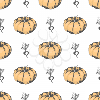 Big ripe orange pumpkin and small monochrome sweet beet vector illustrations formed in endless texture. Organic food seamless pattern.