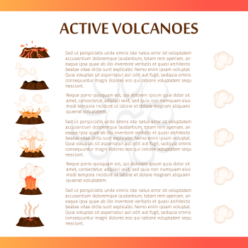 Active volcanoes banner. Volcanic eruptions stages with explosions, smoke and lava splashes flat vector on white background. Volcanology or seismology scientific infographics
