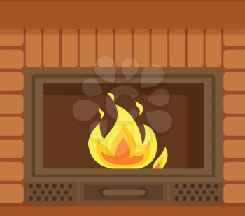Fireplace with metal frame, construction made of brick vector. Flames in home bonfire, heating decoration of home interior made of fireproof bricks, closeup